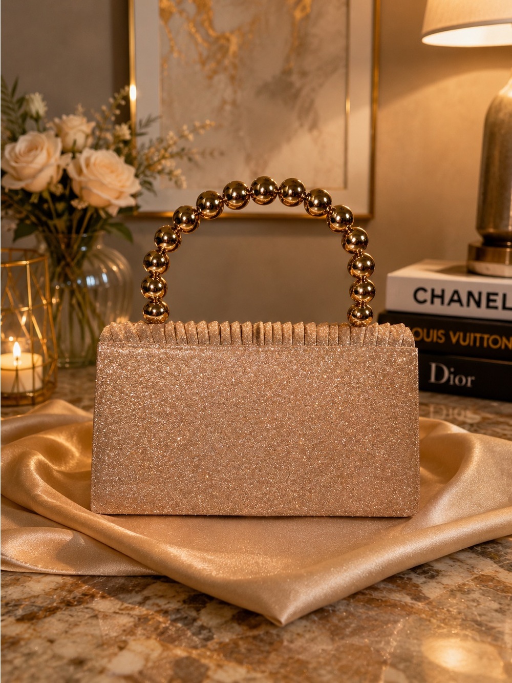 Gold Glitter Chain-Handle Evening Clutch - Picture 2 of 8